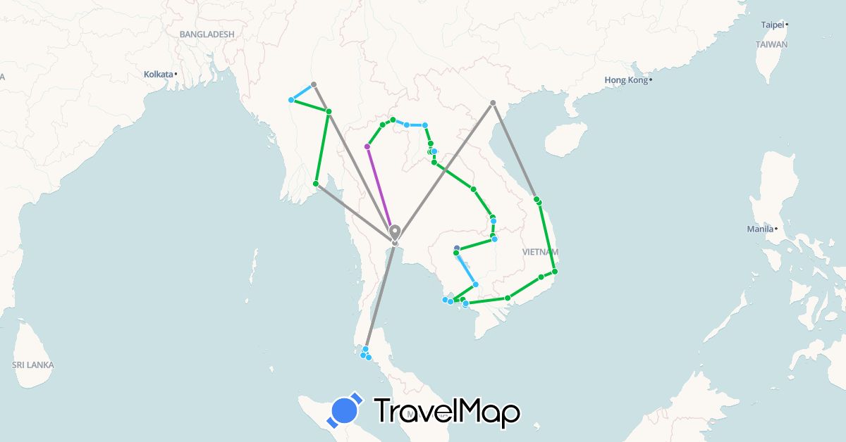 TravelMap itinerary: bus, plane, cycling, train, boat in Cambodia, Laos, Myanmar (Burma), Thailand, Vietnam (Asia)